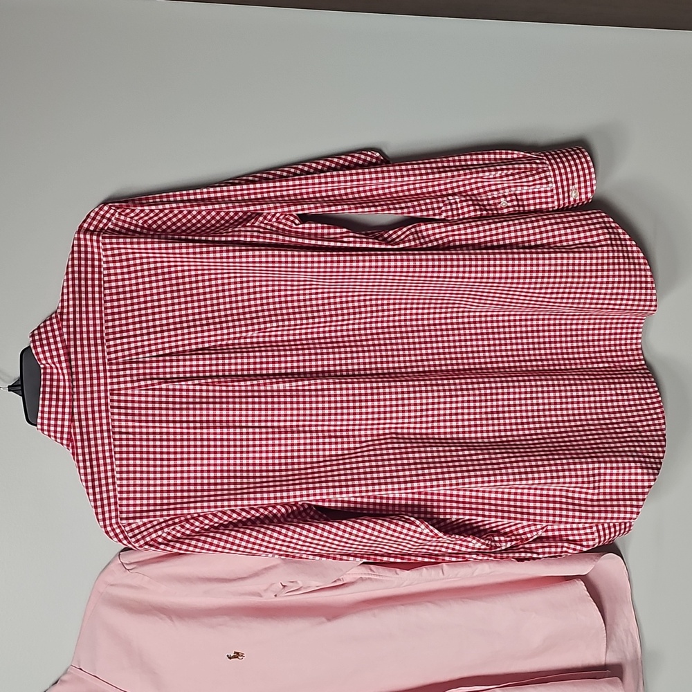 Vineyard Vines Men's Medium Red Check Plaid & Ralph Lauren Peach Button Down - Picture 5 of 16